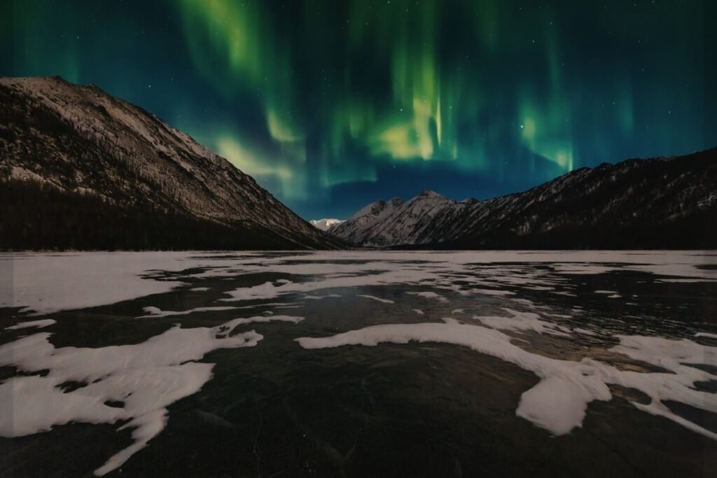 Northern lights and snowy landscape representing winter travel